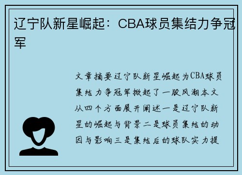 辽宁队新星崛起：CBA球员集结力争冠军